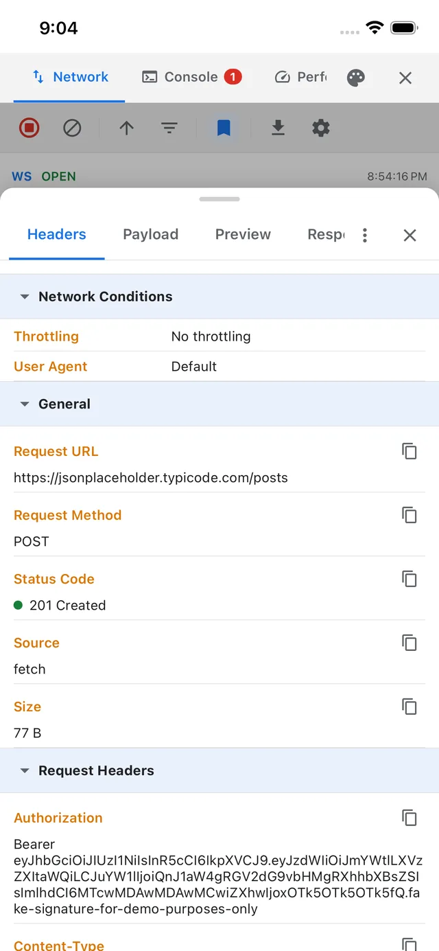 A captured network request, opened inside the app