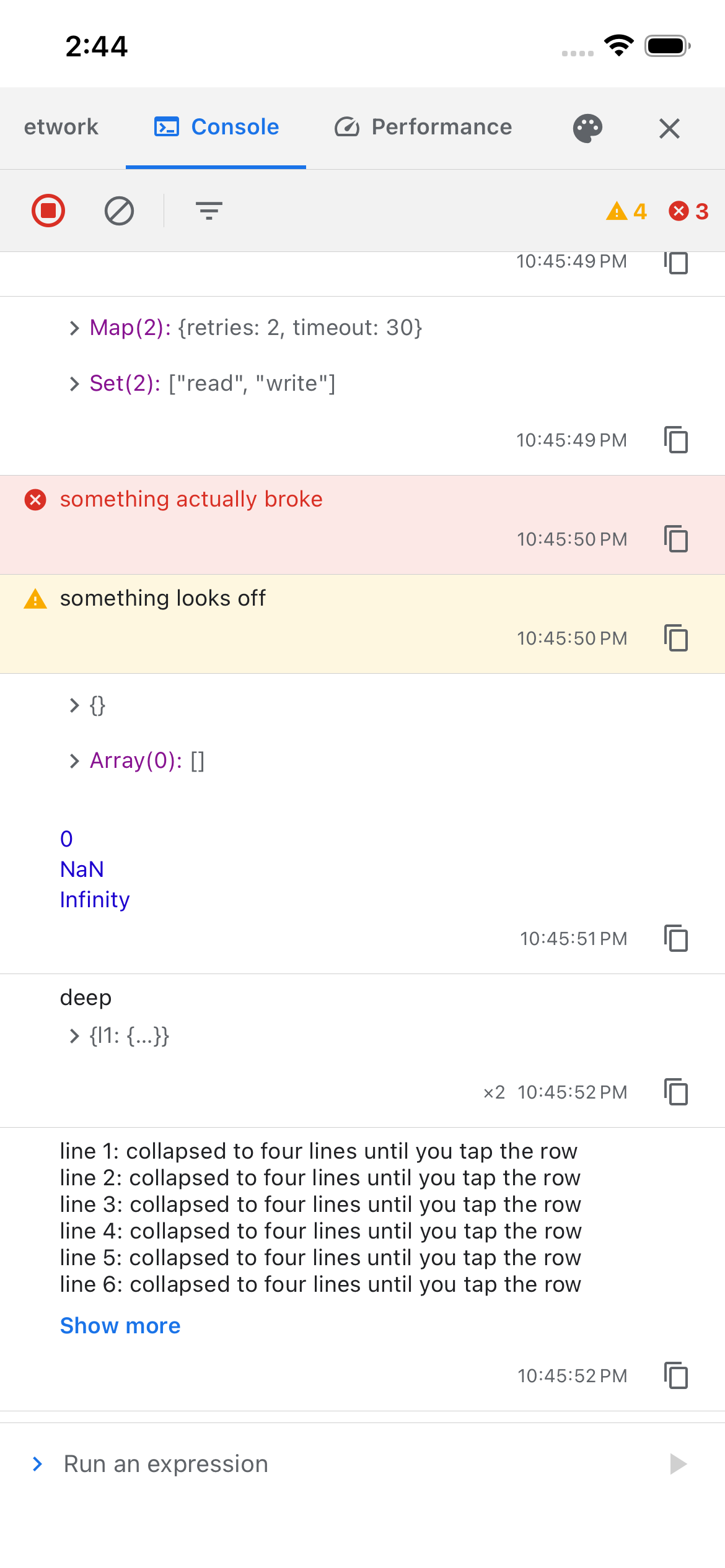 Console tab listing captured logs