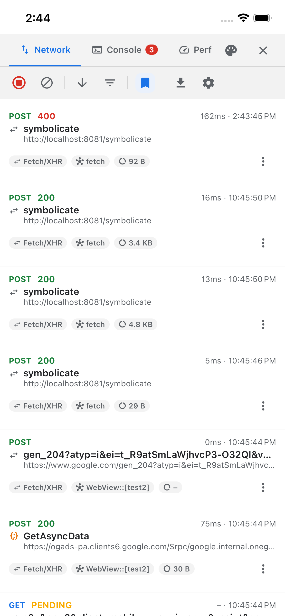 Network tab listing captured requests