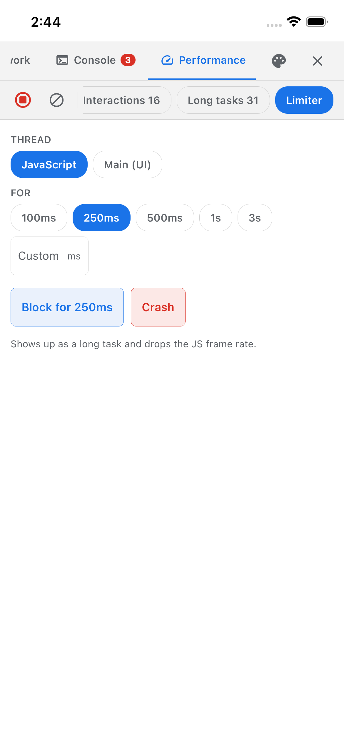 Debug tab with thread and duration options