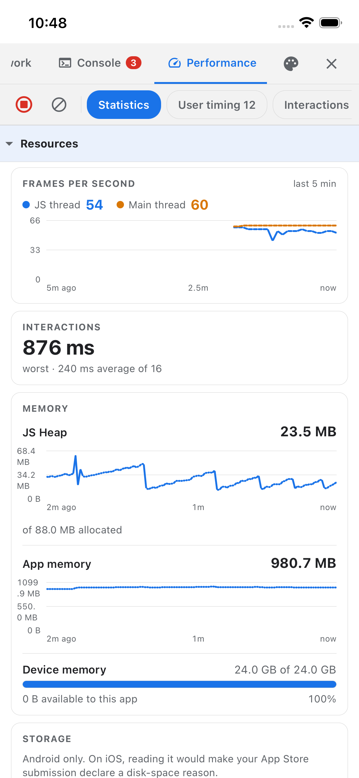 Performance tab showing frame rate and memory charts