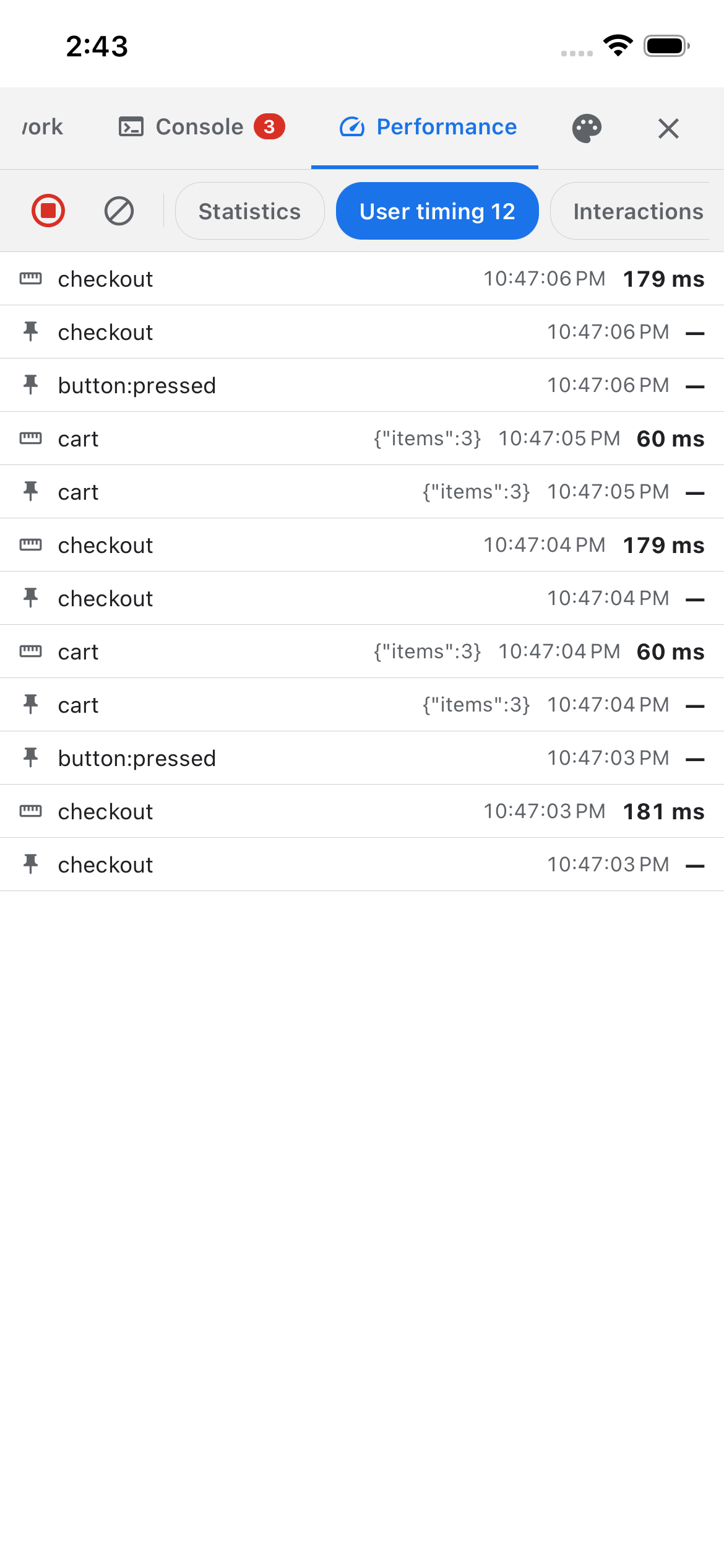 User timing entries with durations