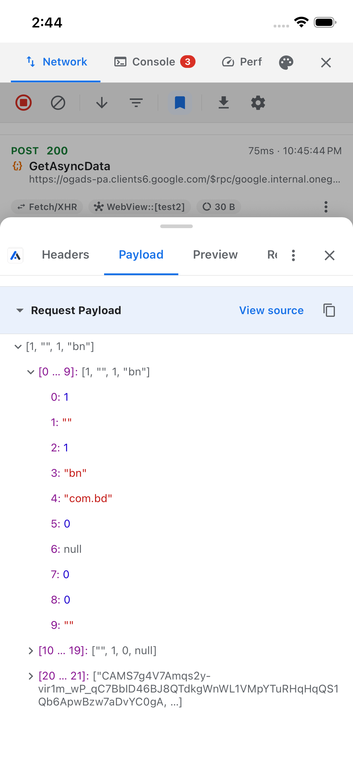 Request payload as an explorable JSON tree