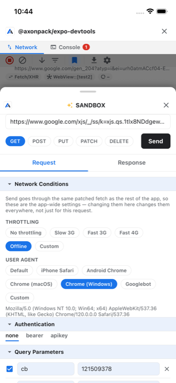 Sandbox with editable URL, method, auth and query parameters